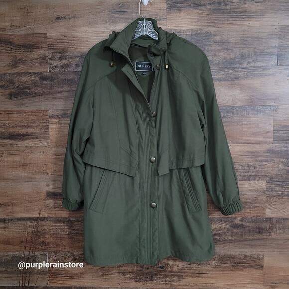 Vtg Gallery Hooded Duster Parka Jacket L Removable Hood Olive Classic 90's - Picture 1 of 16